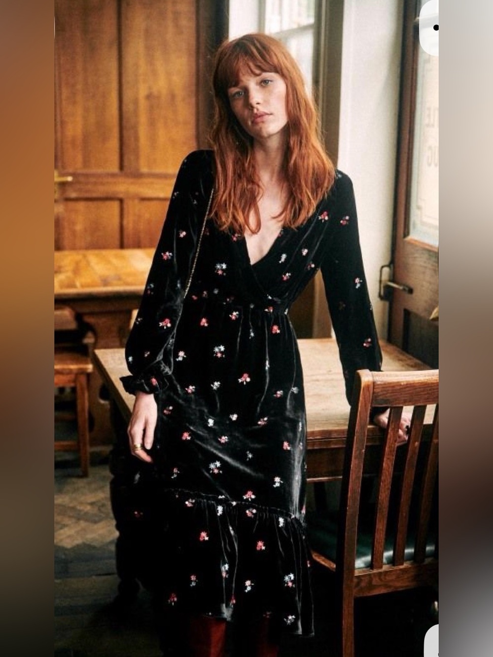 SEZANE Black Velvet Titiane Dress Midi Floral Embroidered FR 38/ US 6.